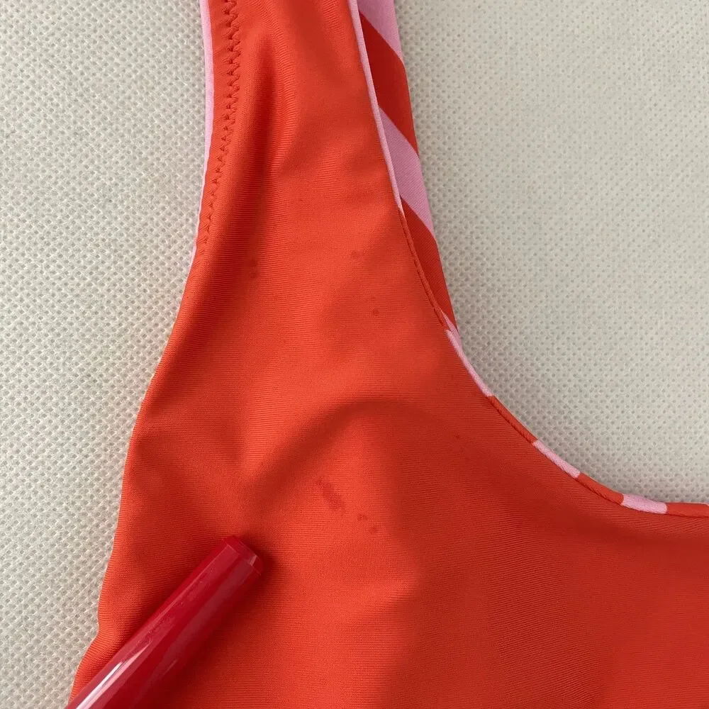 J.Crew One Piece Swimsuit Striped Pink Orange Square Neck Size 16 Reversible